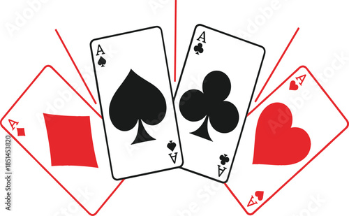  Set of four aces playing cards with hearts diamonds clubs and spades suits fanned out for gambling casino poker and winning concept vector illustration..