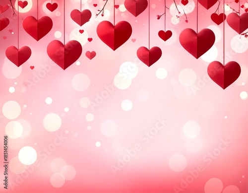 Vibrant red hearts gracefully suspended against a dreamy pink bokeh backdrop, symbolizing deep affection, passion, and joyous romantic celebrations, perfect for expressing love and tenderness