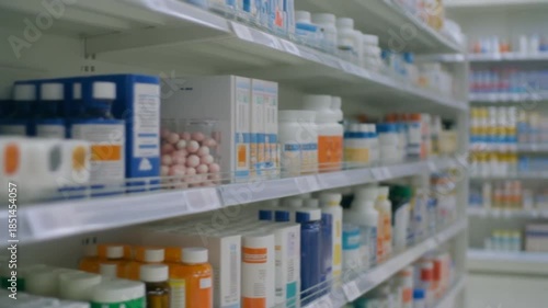 A pharmacy shelf filled with various over-the-counter medications, vitamins, and health supplements in a retail store setting