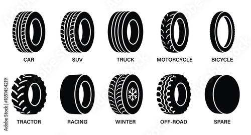 Illustrations of different types of vehicle tires including car, SUV, truck, motorcycle, and bicycle.