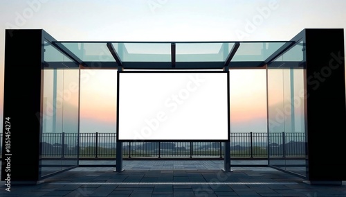 Blank white billboard in modern glass bus stop shelter at sunset
