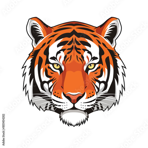 Close up of a fierce tiger face with striking orange and black stripes and piercing yellow eyes.