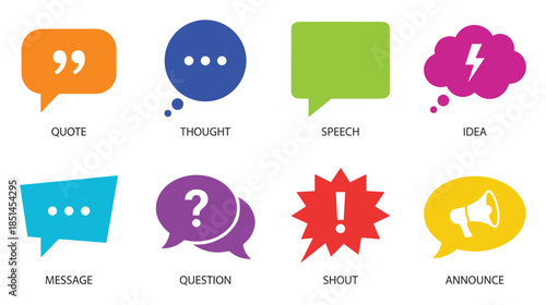 Illustrations set of communication bubbles in different colors representing dialogue concepts.