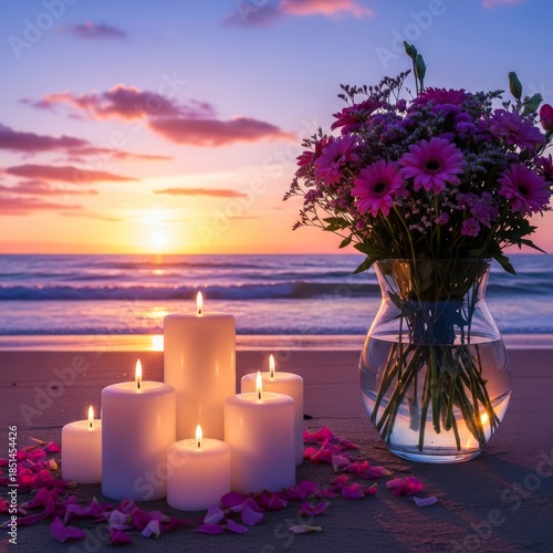 Romantic Beach Sunset with Candles and Flowers ocean