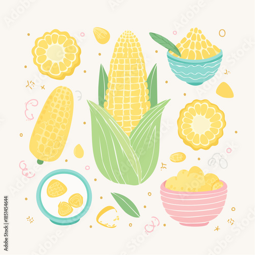 cute pastel corn day icon set, cob, kernel bowl, baby corn, corn leaf, yellow pastel tones, soft shaky outline, cozy aesthetic
