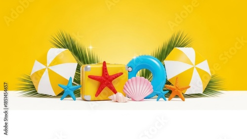 Summer Vacation Beach Accessories on Yellow Background
