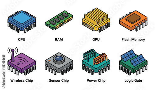 Isometric illustrations of computer chips: CPU, RAM, GPU, Flash memory, Wireless, and more.