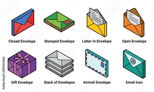 Isometric vector set of envelope icons, including closed, stamped, letter, gift, airmail and email.