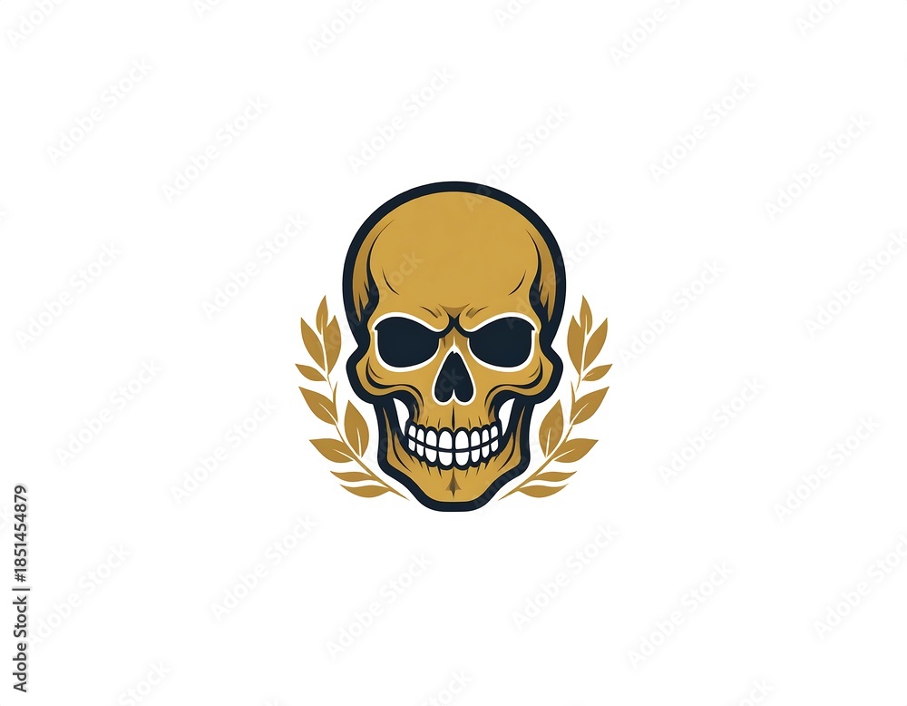 Fototapeta premium Golden skull with laurel leaves on a white background, dark eye sockets, grim teeth