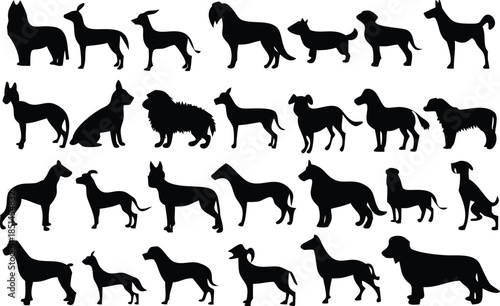 Large collection of dog silhouettes in various breeds and poses