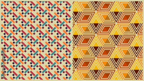 Collection of two seamless geometric patterns with colorful rectangles and triangular shapes.