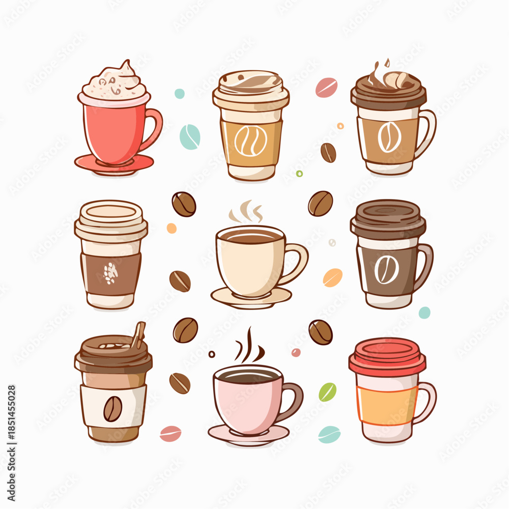 Obraz premium pastel coffee doodle icon set for February Coffee Day, latte, mug, to-go cup, bean accent