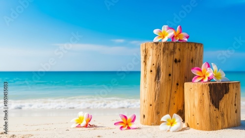 Tropical beach with wooden logs and plumeria flowers