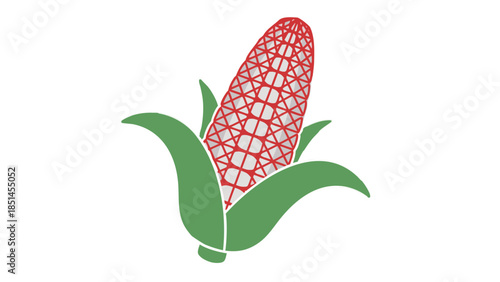 Stylized Red Corn on Cob with Green Leaves Icon