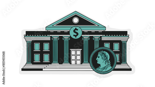 Stylized Bank Building with Dollar Sign and Coin