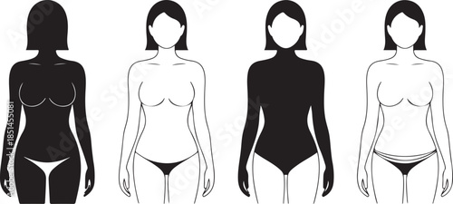 Black and white illustrations of various female body contours and shapes