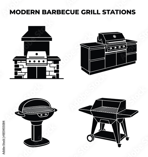 Line art of barbecue grill stations. Designs for outdoor kitchens, grilling appliances. Black and white.