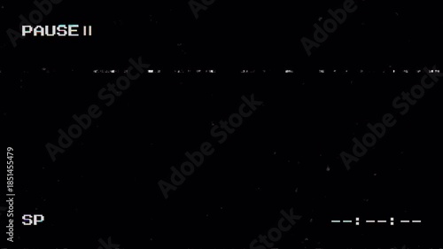 Retro VHS pause screen with glitchy PAUSE text, SP label, static lines, and analog distortion effects on transparent background. 4K video