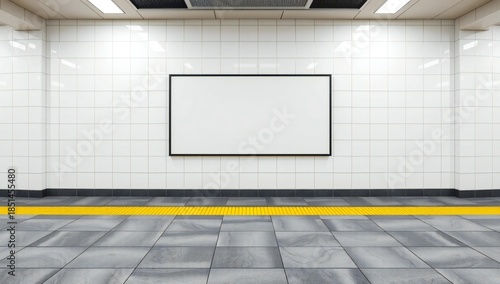 Blank advertising billboard in modern subway station hallway