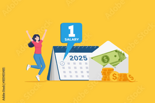 happy woman employee or workers receive a monthly salary in 2025, active income with salary payment concept, Payday loans monthly salary concept vector Illustration with flat style