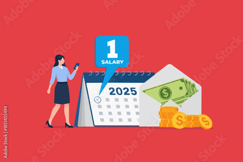 happy woman employee or workers receive a monthly salary in 2025, active income with salary payment concept, Payday loans monthly salary concept vector Illustration with flat style