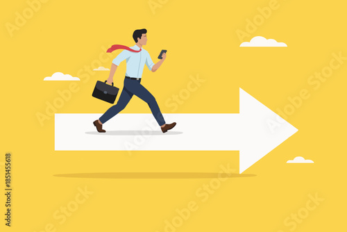 wrong direction lead to mistake, mislead or false to get lost concept, leadership decision to be difference or opposite, Confused businesswoman running in wrong opposite direction of trend arrow