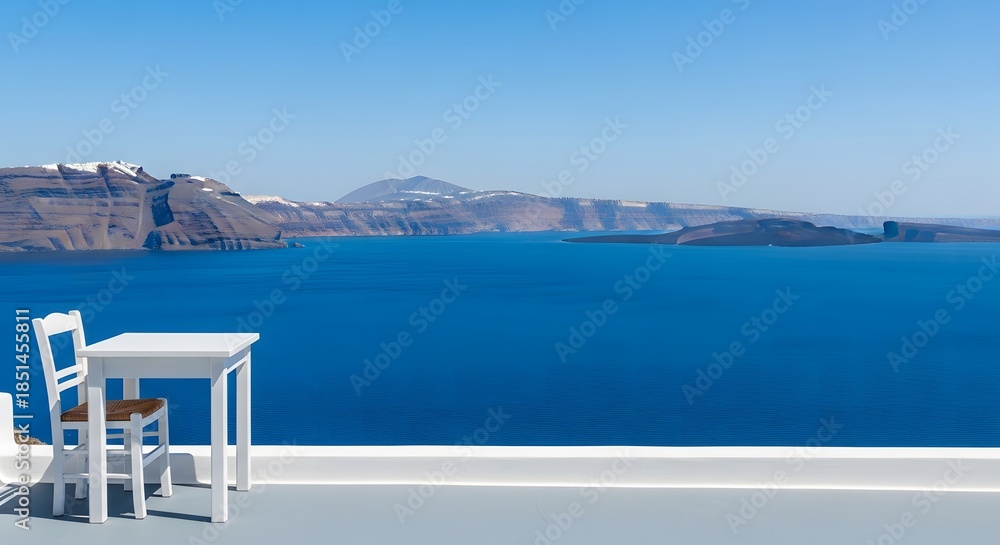 Fototapeta premium Minimalist white table and chair overlooking the deep blue Santo