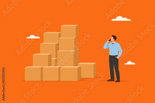 businessman check package illustration, logistic fast online delivery concept, quality control of cardboard parcel boxes in warehouse factory concept vector illustration