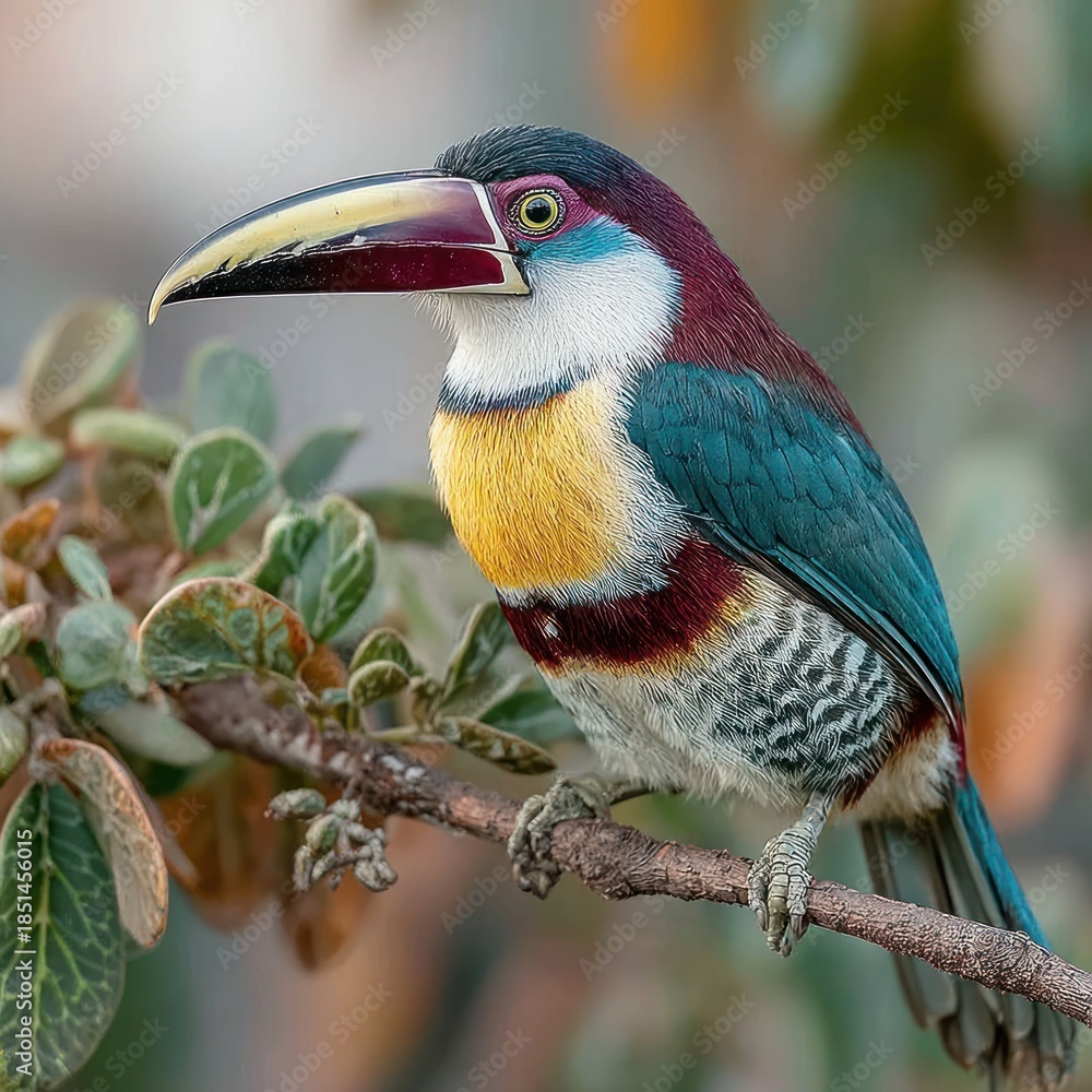 Obraz premium Vibrant toucan perched on branch, showcasing colorful plumage and distinctive beak
