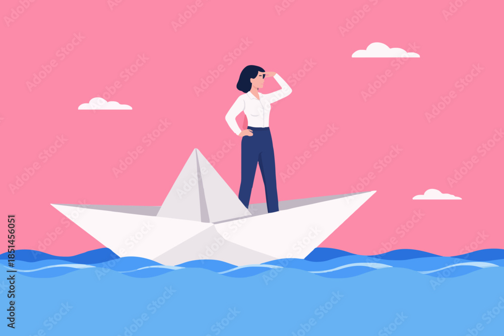 Obraz premium vision to see business direction with a businesswoman who uses a telescope to see the next business strategy while riding a paper boat, find new business strategy or business objective or opportunity
