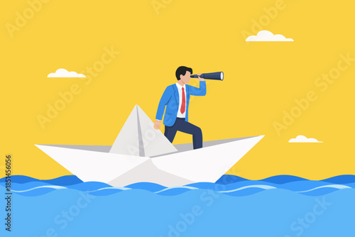vision to see business direction with a businesswoman who uses a telescope to see the next business strategy while riding a paper boat, find new business strategy or business objective or opportunity