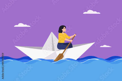 vision to see business direction with a businesswoman who uses a telescope to see the next business strategy while riding a paper boat, find new business strategy or business objective or opportunity
