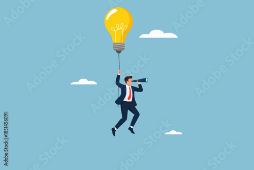 leadership science, provide instructions or education with knowledge, good leadership to achieve business goal or target, businesswoman flying with light bulb balloon while carrying megaphone