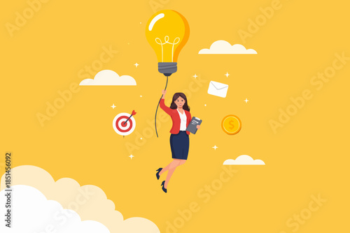 leadership science, provide instructions or education with knowledge, good leadership to achieve business goal or target, businesswoman flying with light bulb balloon while carrying megaphone