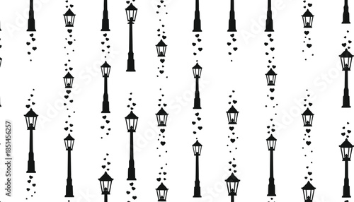 Seamless Pattern of Vintage Street Lamps in Black and White