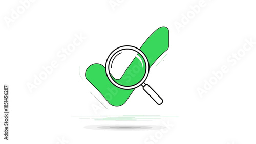 Green checkmark under magnifying glass for verification