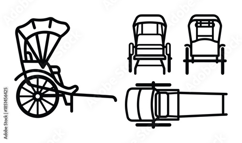 Outline drawing of hand-pulled rickshaw, showing the front, back and top views of rickshaw