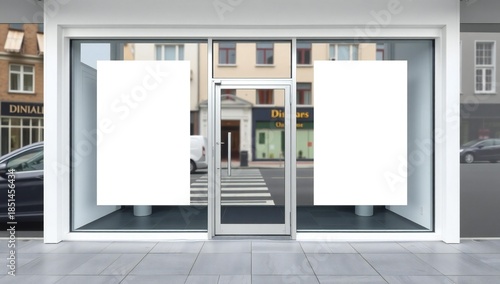 Blank white posters in a modern storefront window display