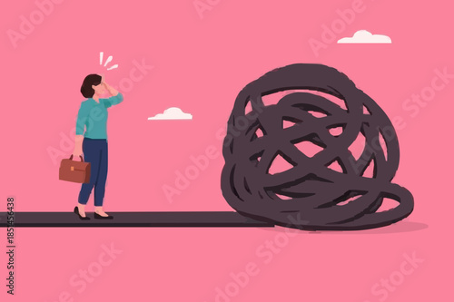 Difficult Road Ahead, journey or effort to achieve career success, obstacle or tough situation to overcome, difficulty or problem solving, businesswoman run to new challenge difficult road ahead