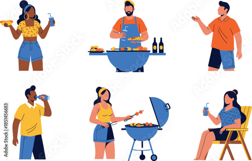 Set of diverse people characters enjoying summer outdoor BBQ party grilling food and drinking for garden picnic social gathering and weekend leisure concept vector..