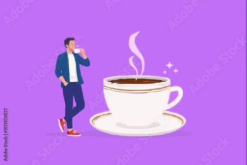 time for a break illustration with concept of businessman is resting while drinking coffee and leaning on a big cup of coffee, coffee break time to relax and refresh from long stress concept design