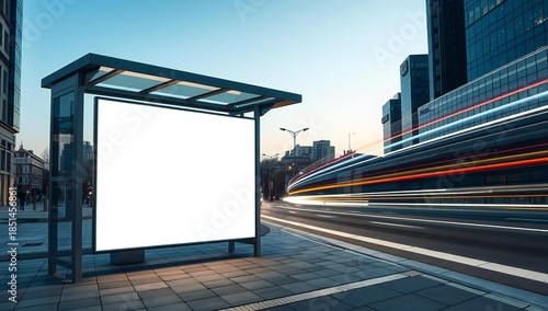 Blank advertising billboard at a bus stop with motion blur of traffic