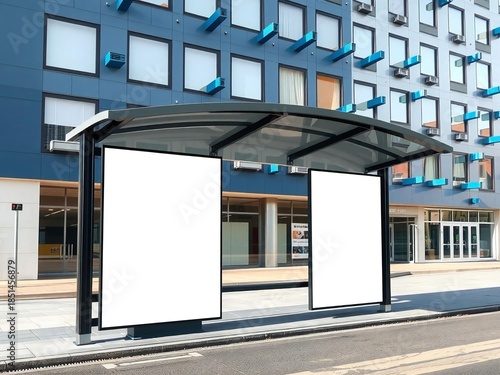Blank advertising billboards on a modern bus stop shelter in a city