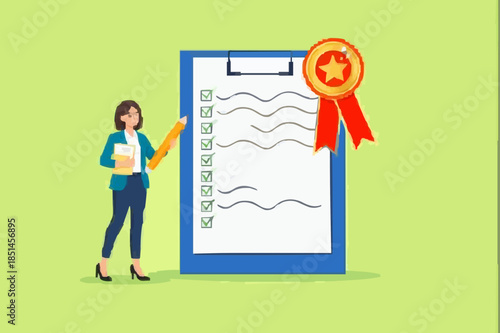 quality control concept vector illustration with people check product quality with set standard and quality icon. quality control or certified approval. product safety. guarantee checklist document