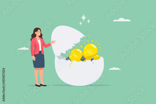 innovative investment idea, profitable investment solutions, businessman opens an egg investment containing many light bulb ideas