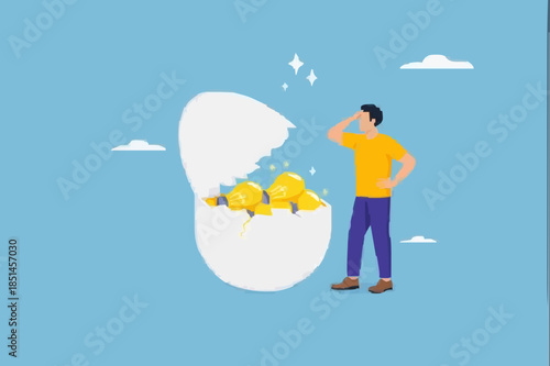 innovative investment idea, profitable investment solutions, businessman opens an egg investment containing many light bulb ideas
