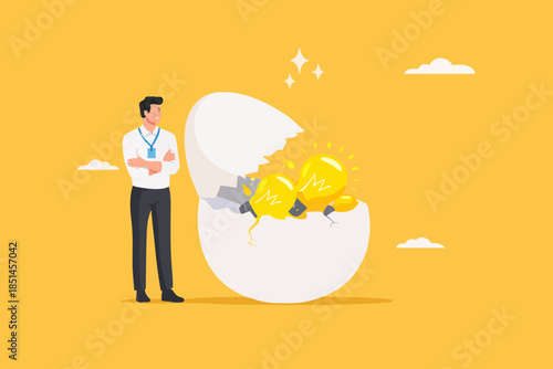 innovative investment idea, profitable investment solutions, businessman opens an egg investment containing many light bulb ideas