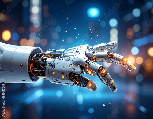 Robotic hand extends towards a blurred city backdrop with blue and orange lighting