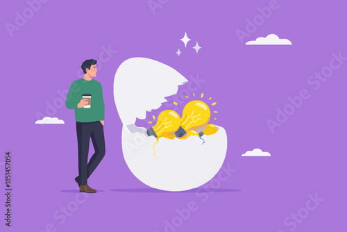 innovative investment idea, profitable investment solutions, businessman opens an egg investment containing many light bulb ideas