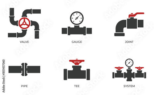 Piping system components vector set, including valve, joint, gauge, tee, system, and pipe symbols.